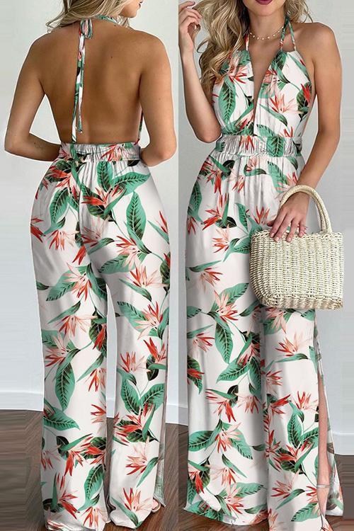 Floral Print Backless Slit Slip Jumpsuits