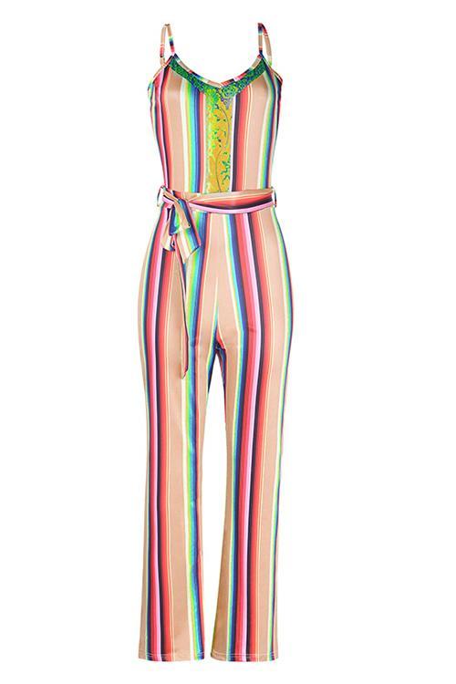 Colorful Stripe Slip Belted Jumpsuits