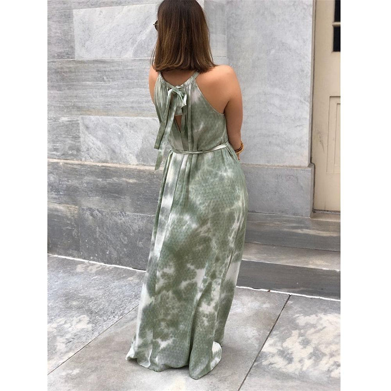 Halter Neck Sleeveless Casual Backless Maxi Dress with Belt
