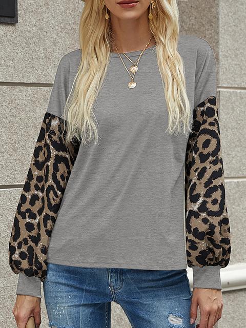 Leopard Lantern Sleeve Round Neck T-shirt
