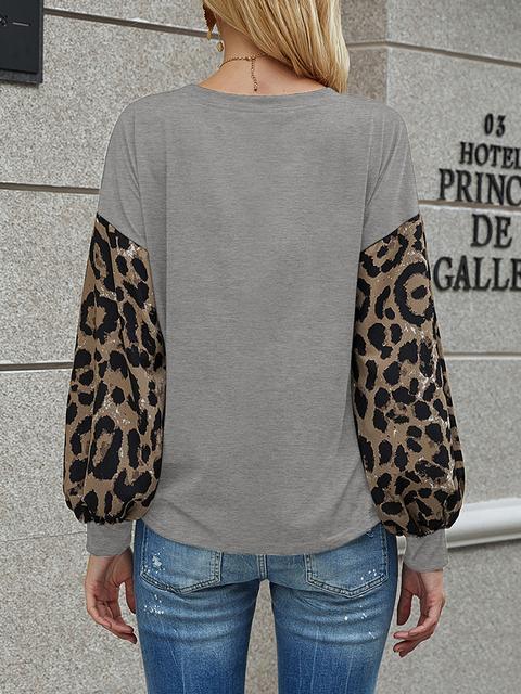 Leopard Lantern Sleeve Round Neck T-shirt