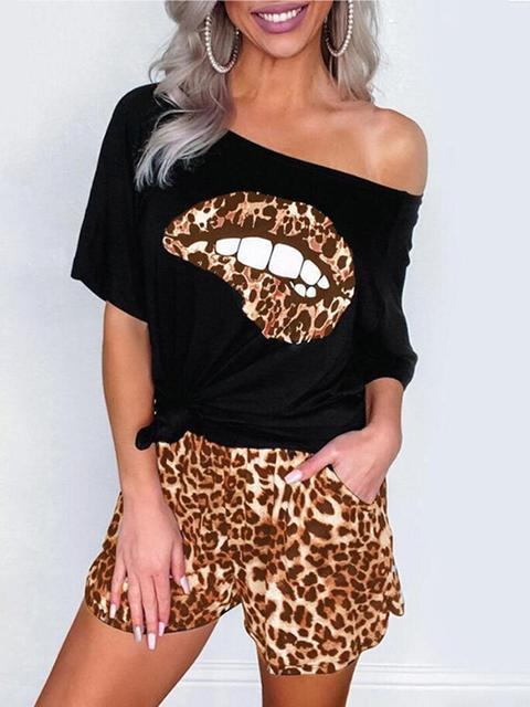 Leopard Lip One Shoulder T-shirt Shorts Set