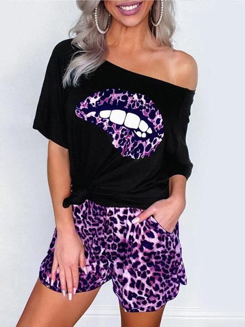 Leopard Lip One Shoulder T-shirt Shorts Set