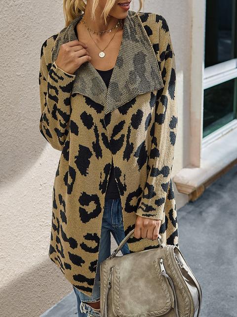 Leopard Long Sleeve Lapel Sweaters Coat