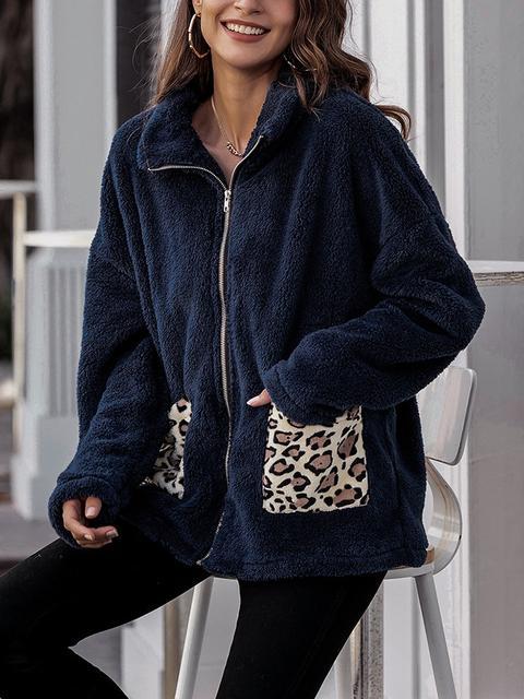 Leopard Patchwork Pocket Stand Collar Coat