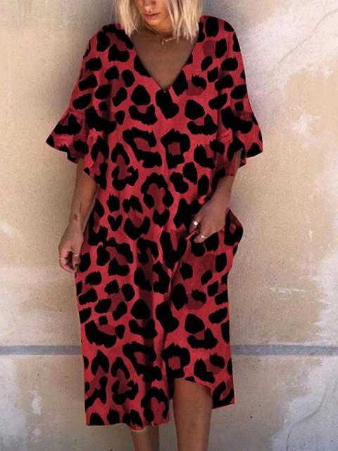 Leopard Print V-neck Ruffled Sleeve Midi Dress