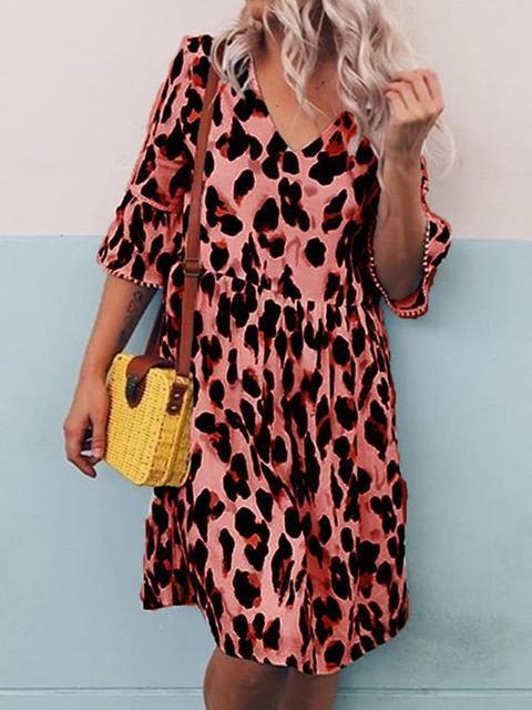 Leopard Print V Neck Half Sleeve Dress