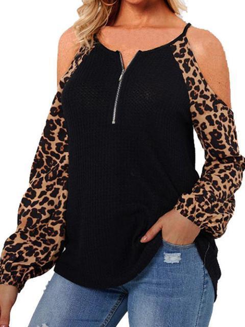 Leopard Stitching Long Sleeves Cold Shoulder Top