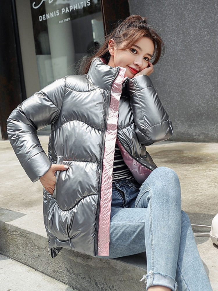 Light-Reflecting Thick Stand-Collar Padded Oversized Coat
