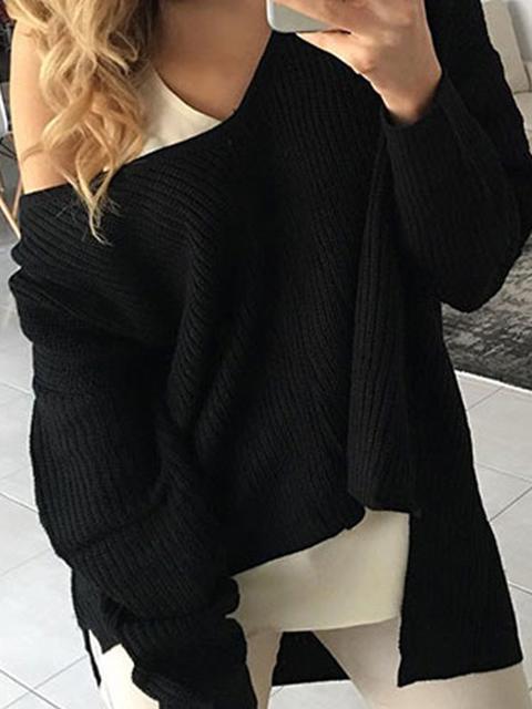 Loose V-neck Solid Color Knitted Sweater