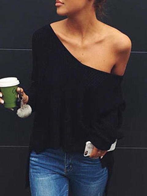 Loose V-neck Solid Color Knitted Sweater