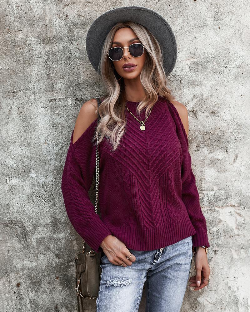 Cold Shoulder Long Sleeve Round Neck Knitted Sweater