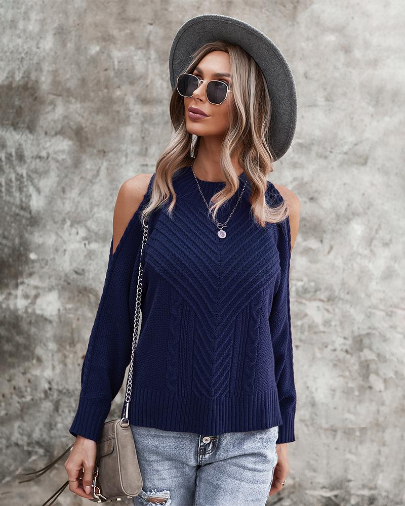Cold Shoulder Long Sleeve Round Neck Knitted Sweater