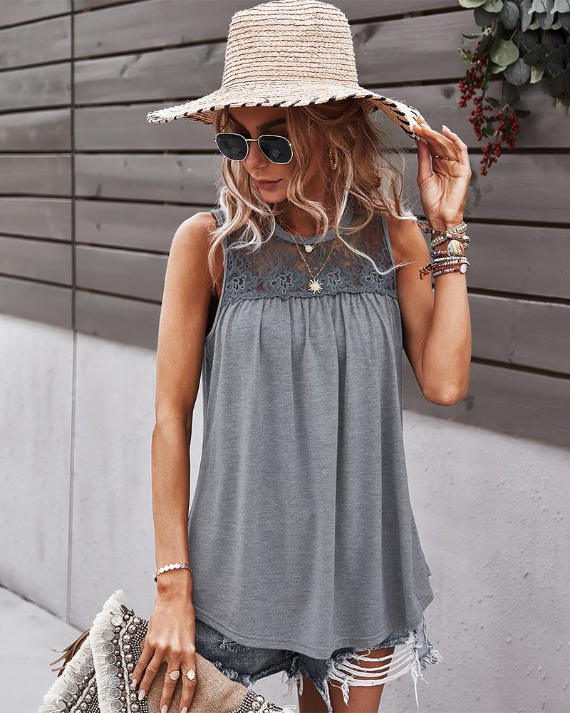 Sleeveless Round Lace Neck Casual Tank Top