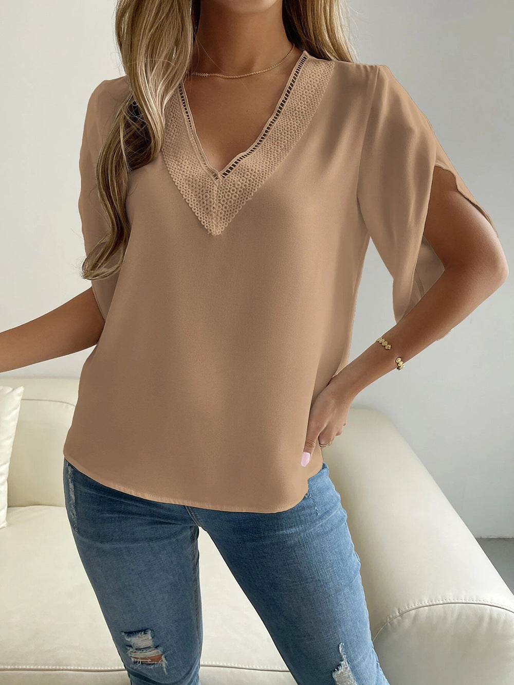 Fashion V-Neck Batwing Sleeves Solid Loose Blouse