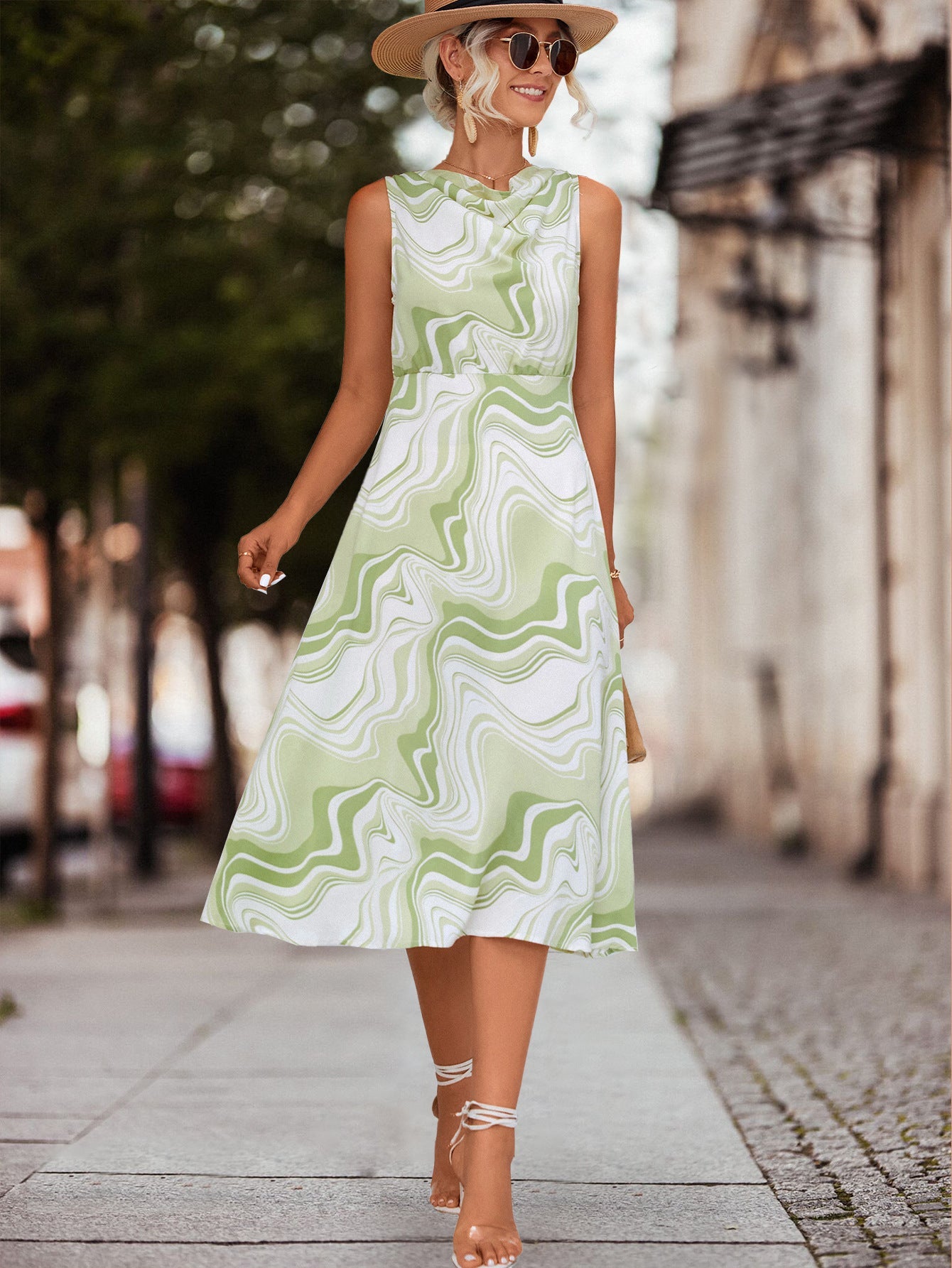 Fashion Round Neck Sleeveless Printed Midi Dress