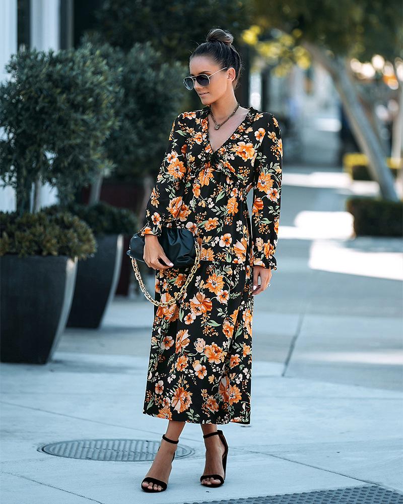 Floral Casual V Neck Long Sleeve Maxi Dress