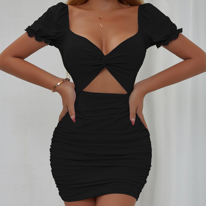 Short Sleeve Cut Out V-Neck Solid Bodycon Mini Dress