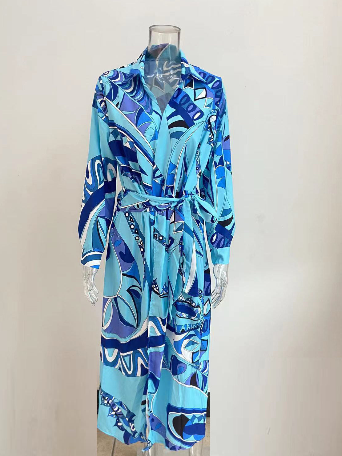 Elegant Long Sleeve V-Neck Print Wrap-Front Maxi Dress