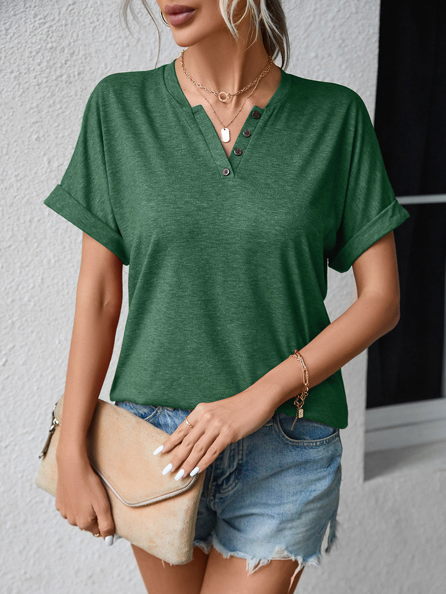 Women's T-Shirts Casual V Neck Button Loose Solid Color T-Shirt