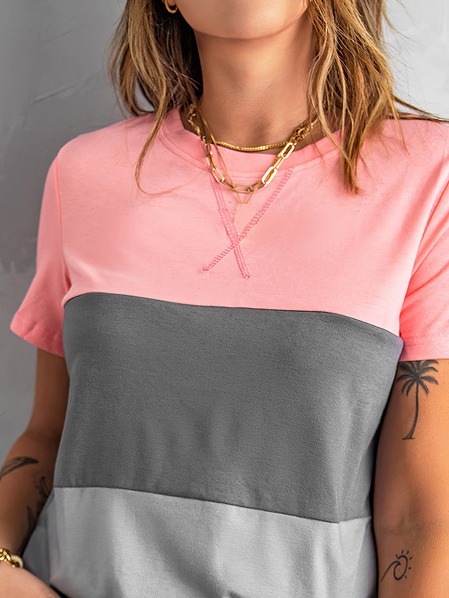 Women's T-Shirts Color Matching Loose Versatile Round Neck T-Shirt