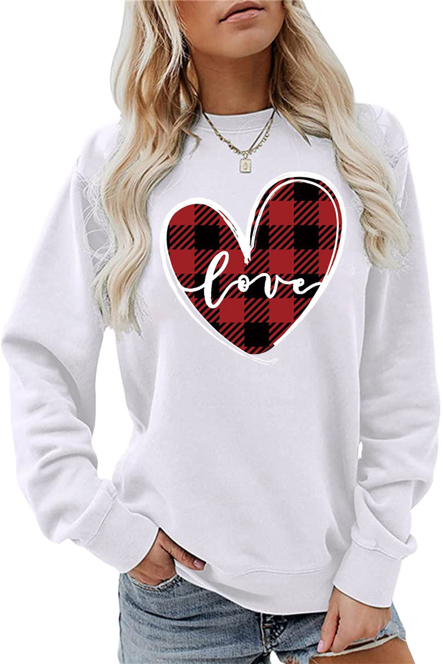 Heart Printed O-Neck Long Sleeve Loose Sweatshirt