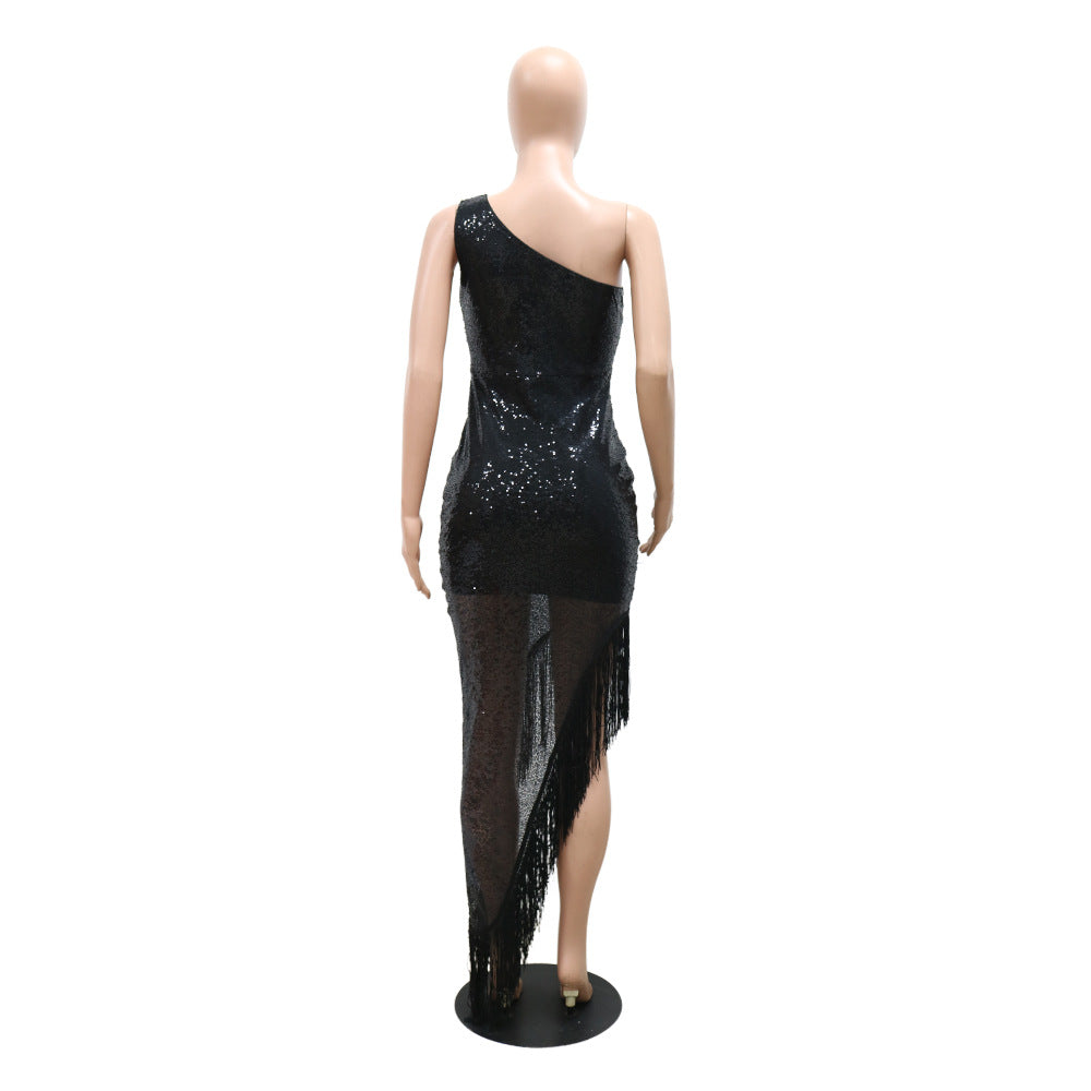Tassel Sequin Asymetric One Shoulder Evening Dress