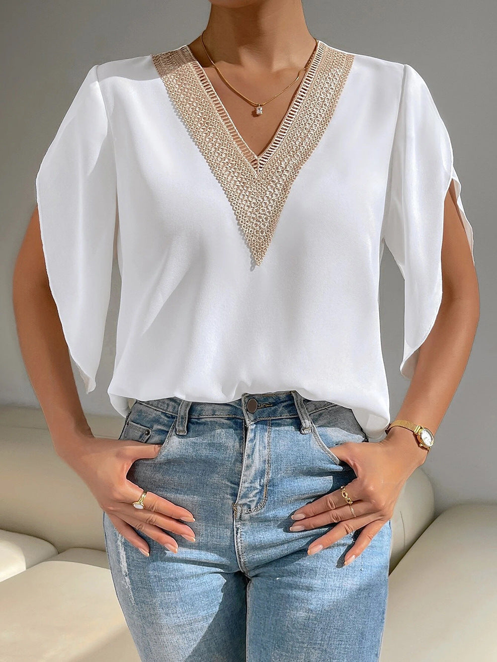 Fashion V-Neck Batwing Sleeves Solid Loose Blouse