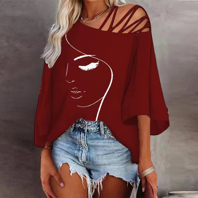 Face Print One Shoulder Wide Sleeve Loose Blouse Top