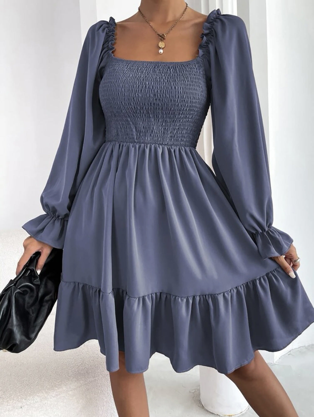 Square Neck Long Sleeve Elastic Waist Midi Dress
