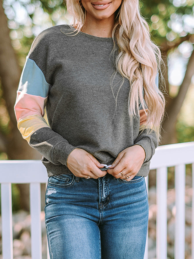 Color Block Round Neck Long Sleeve Pullover