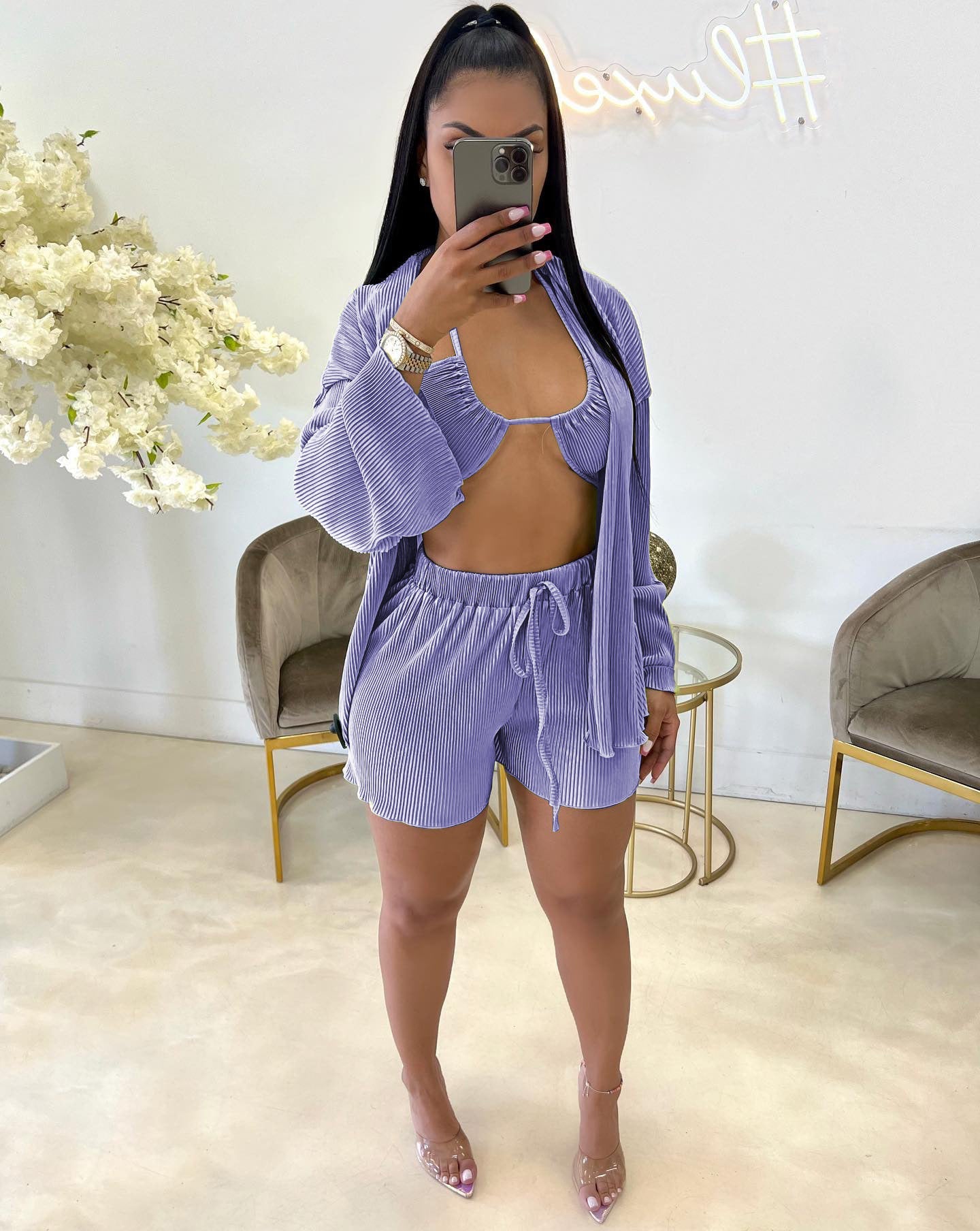 Three Piece Halter Neck Solid Color Bra High Waist Short and Long Sleeve Cover Up Set