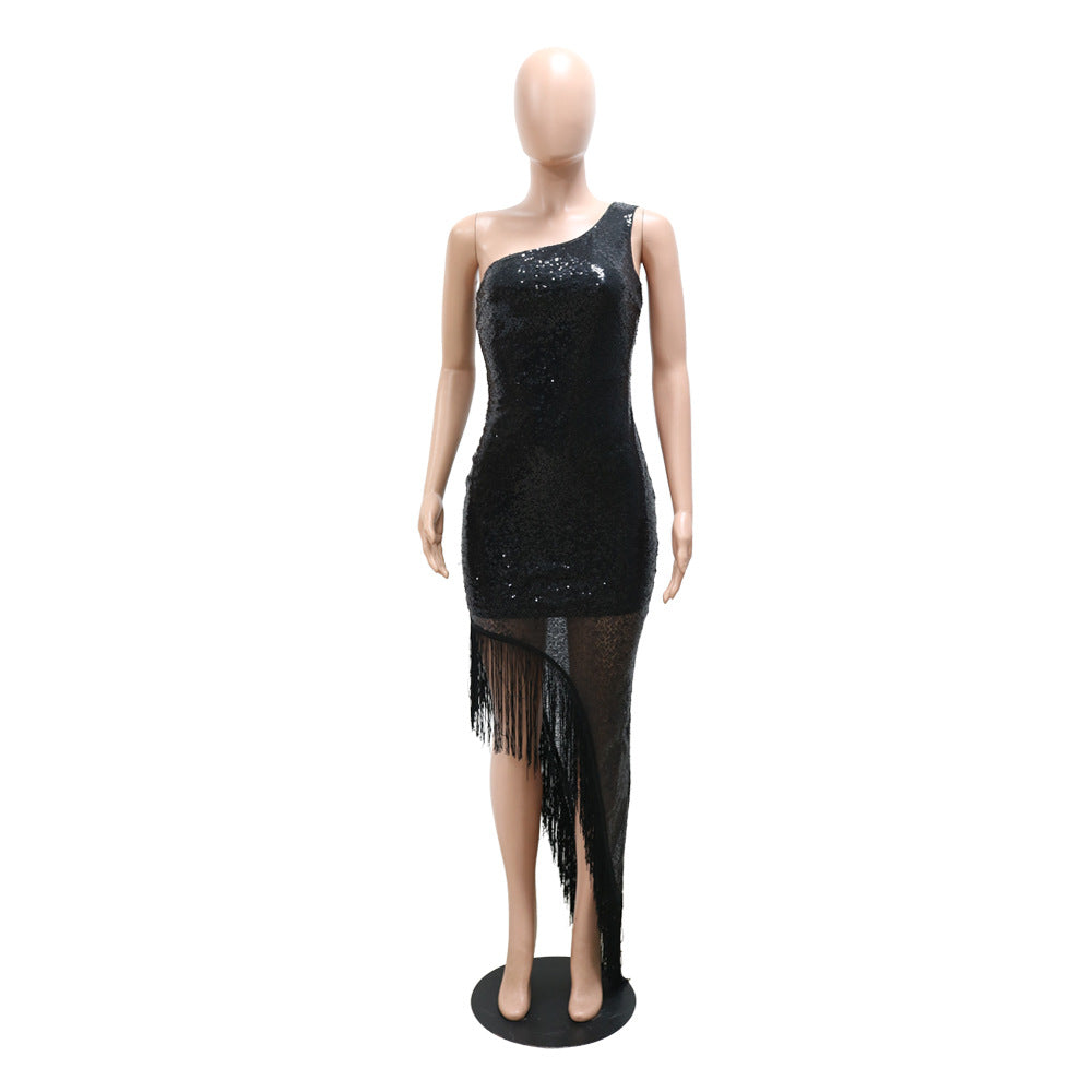 Tassel Sequin Asymetric One Shoulder Evening Dress