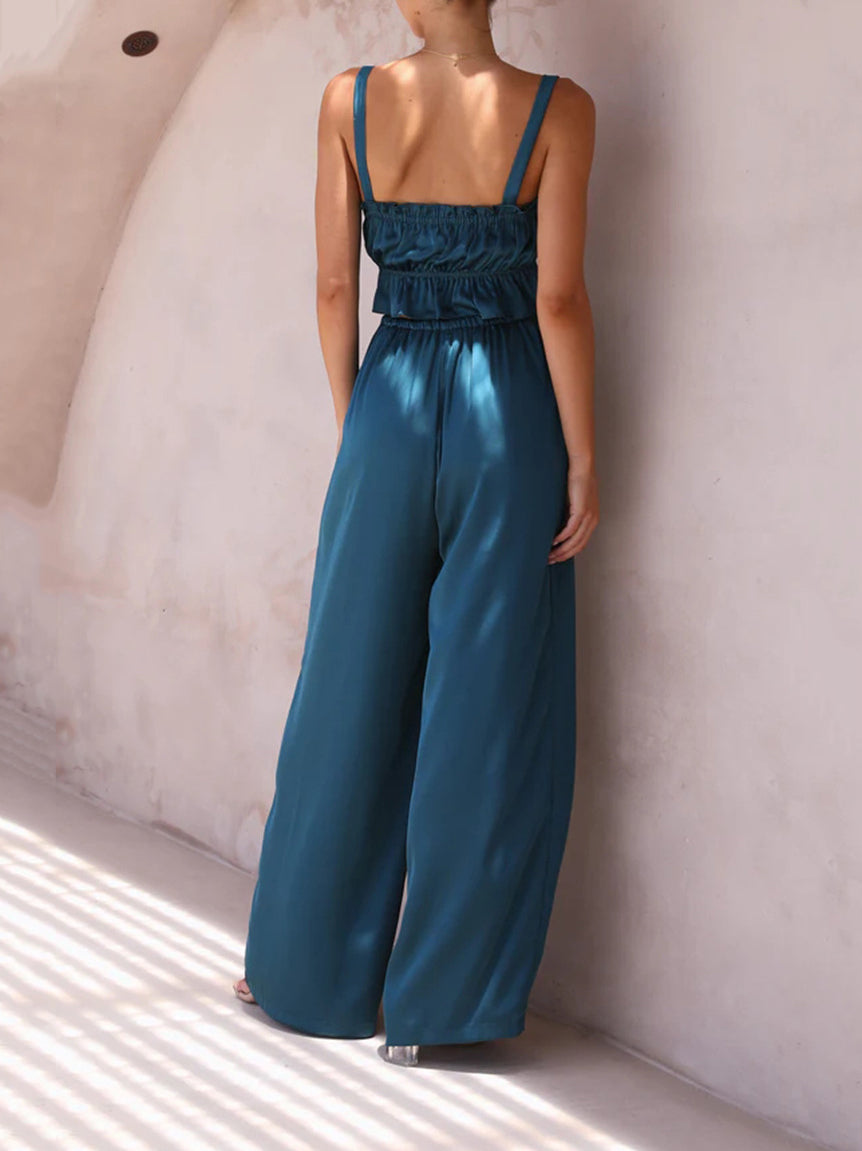 Two Piece Sleeveless Square Neck Solid Tank Top and Loose Pant Set