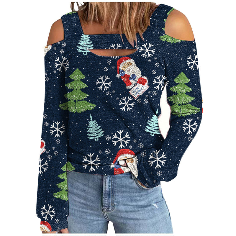 Long Sleeve Cut Out Printed Loose Christmas Blouse