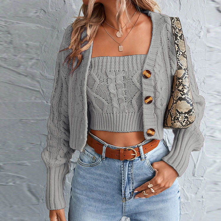 Cropped Button Down Cardigan Top and Vest Co Ord Set