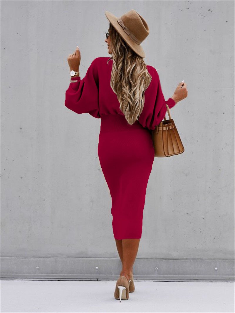 Long Sleeve Bodycon Solid Color Midi Dress