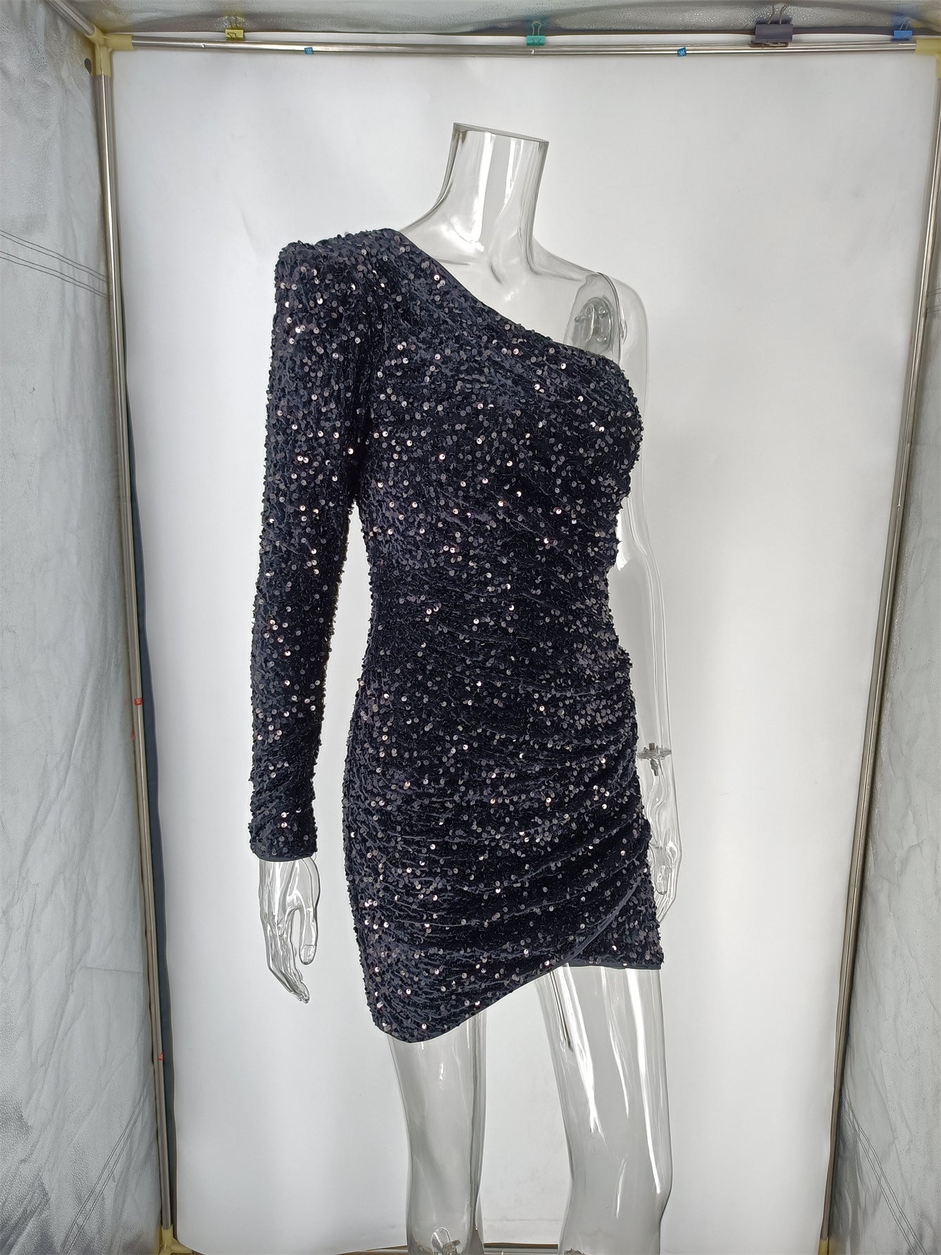 One Shoulder Long Sleeve Sequin Mini Bodycon Dress