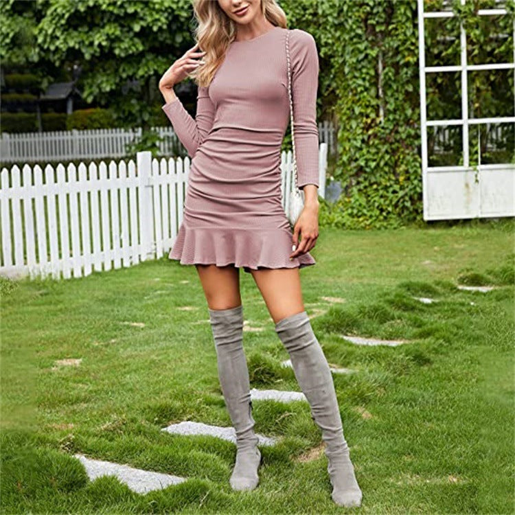 Crew Neck Long Sleeve Solid Color Mini Dress