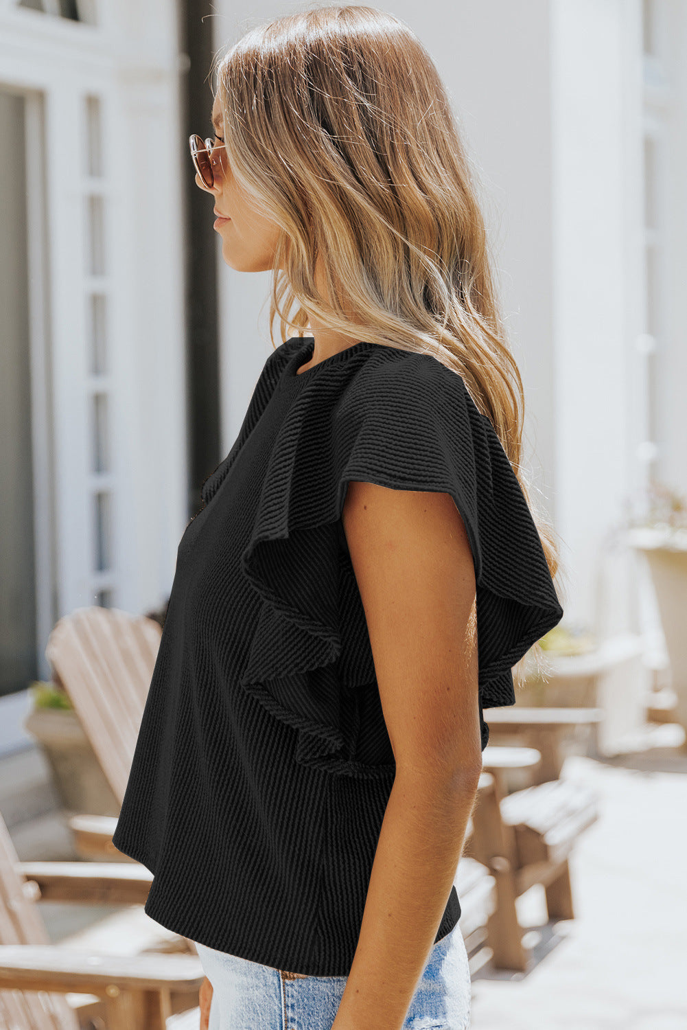 Crew Neck Ruffle Short Sleeve Solid Loose Blouse