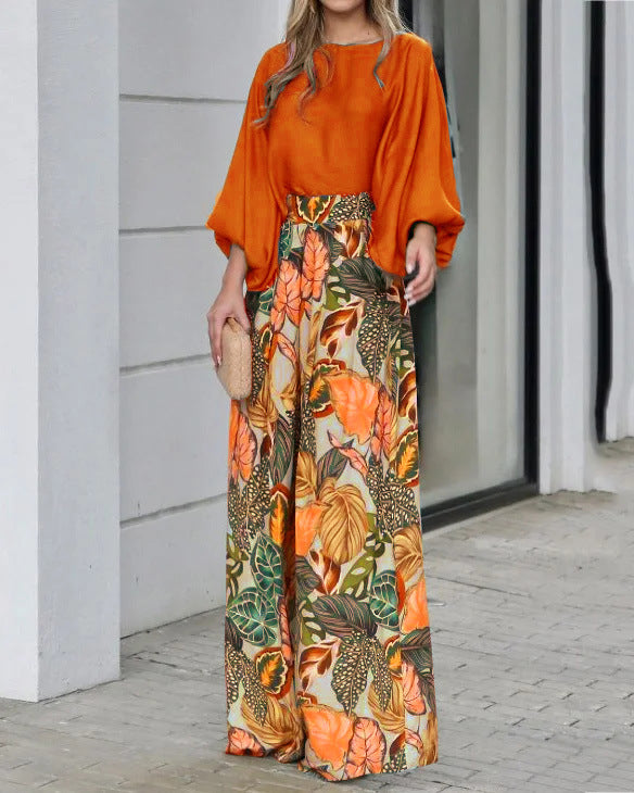 Two Piece O-Neck Solid Top and Loose Wide Printed Pant Set