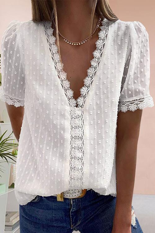 Lace V Neck Puff Short Sleeves Blouses