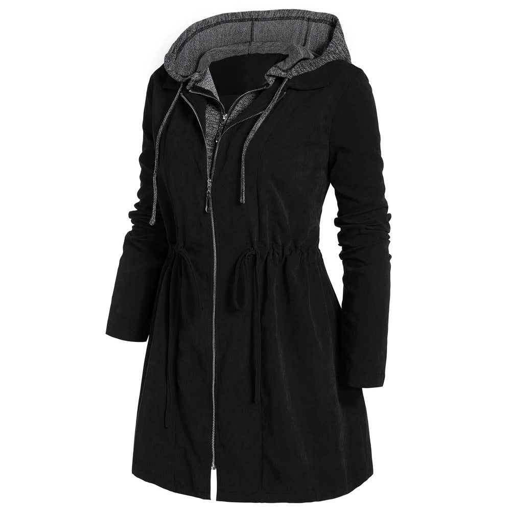 Fashion Drawstring Zipper Long Sleeve Solid Hooded Jacket