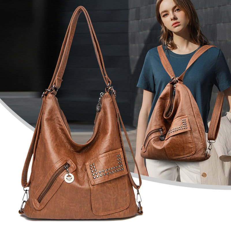 Fashion Stitching Women's Shoulder Casual Wax Leather Backpacks