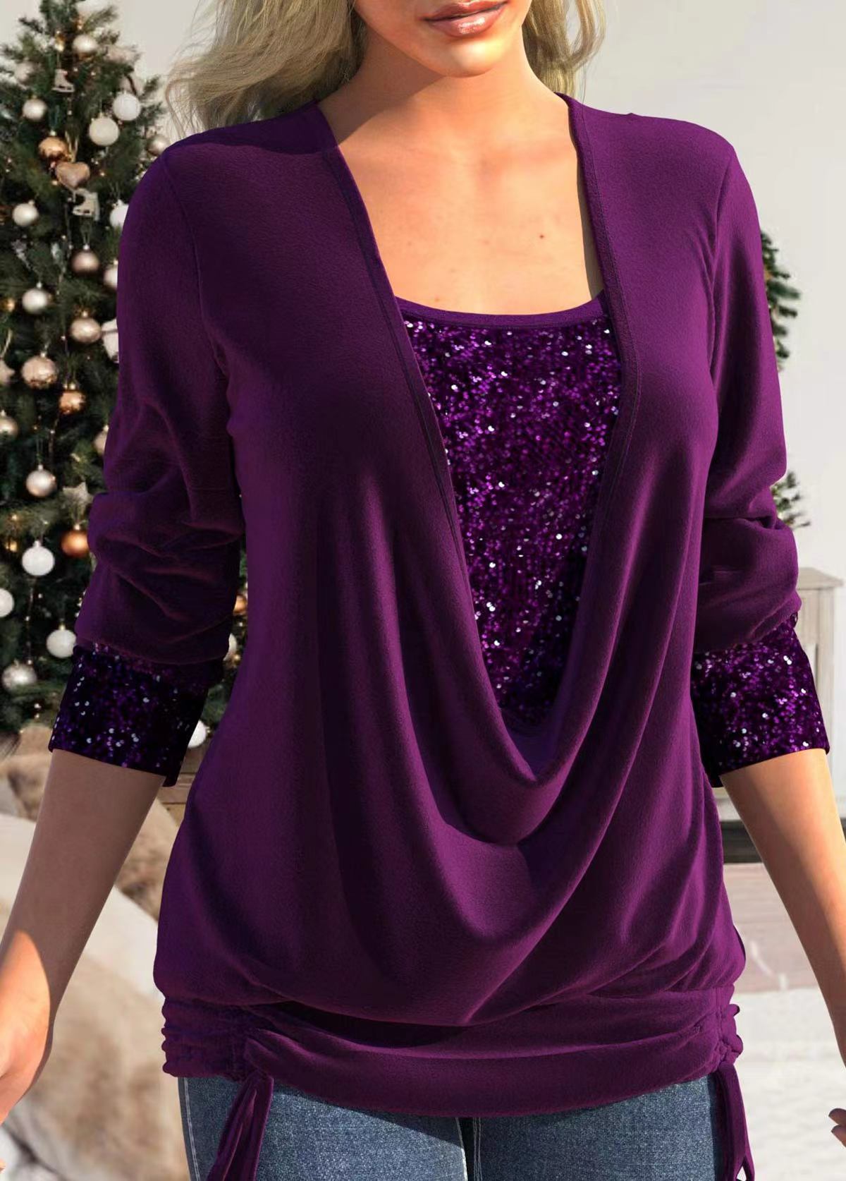 Solid Color 3/4 Sleeve Doubled Pleated Top Blouse