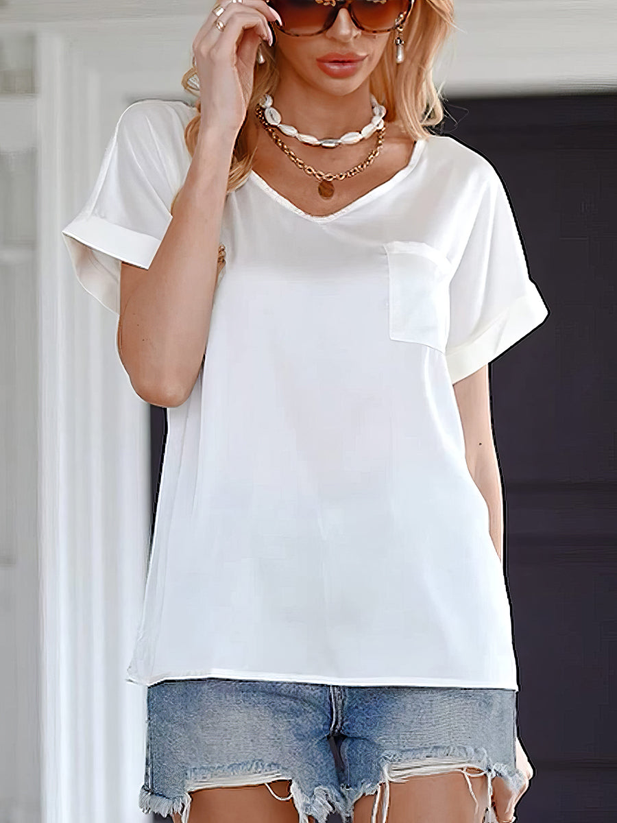 Women's T-Shirts V Neck Pocket Rolled Short Sleeve Loose Casual T-Shirt