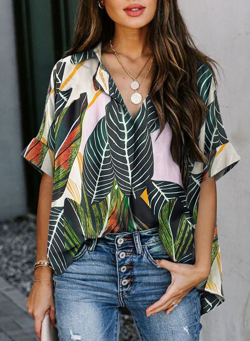 Casual Short Sleeve V Neck Blouse Loose Top