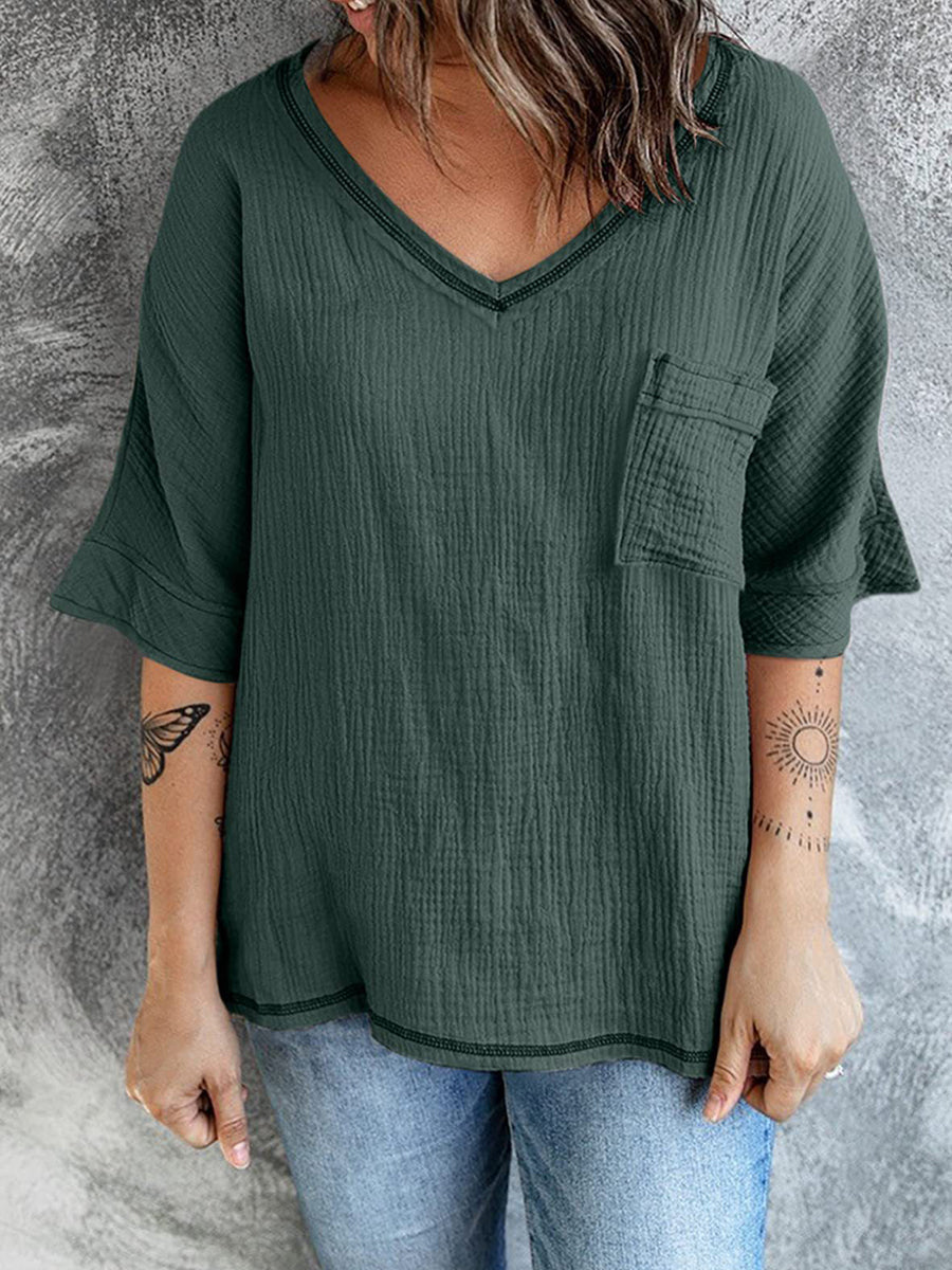 Women's T-Shirts Fashion Solid Color V Neck Mid Sleeve T-Shirt