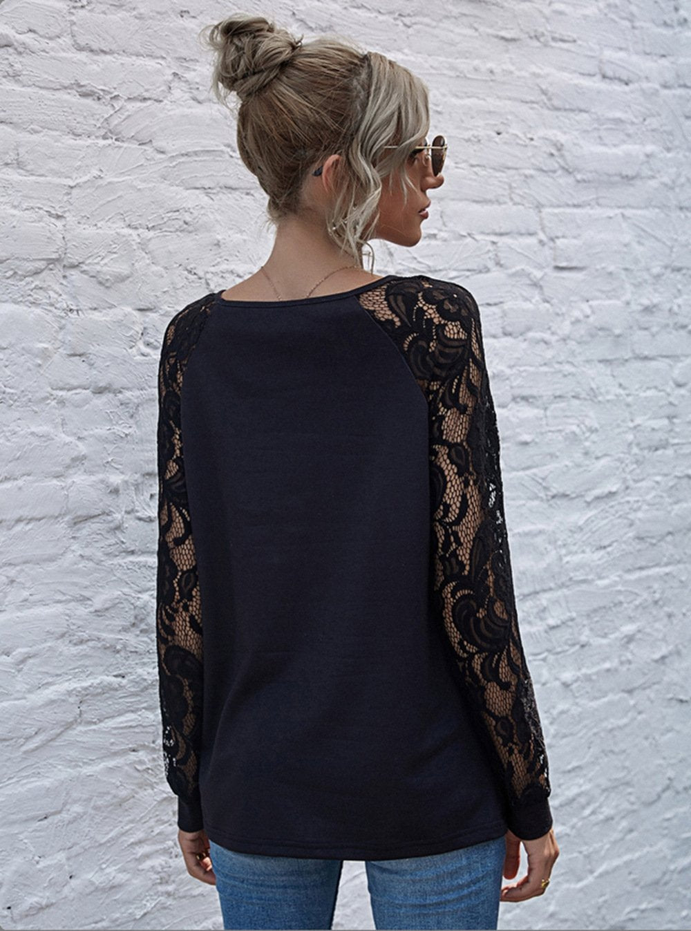 Long White Lace Sleeve Round Neck Top