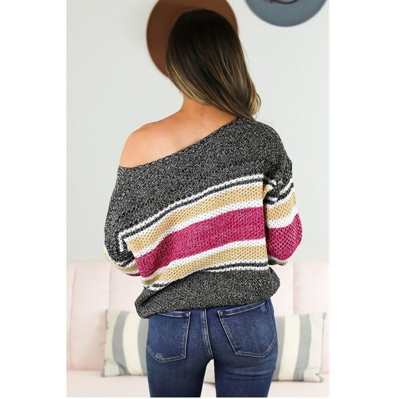 Off Shoulder Cable Knit Color Block Sweater